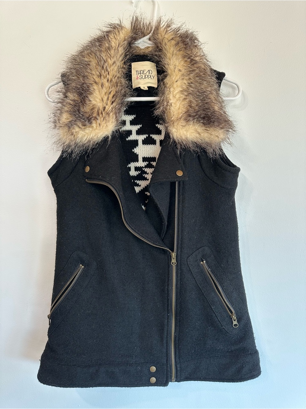 Thread & Supply Faux Fur Trim Black Moto Vest with Aztec Back